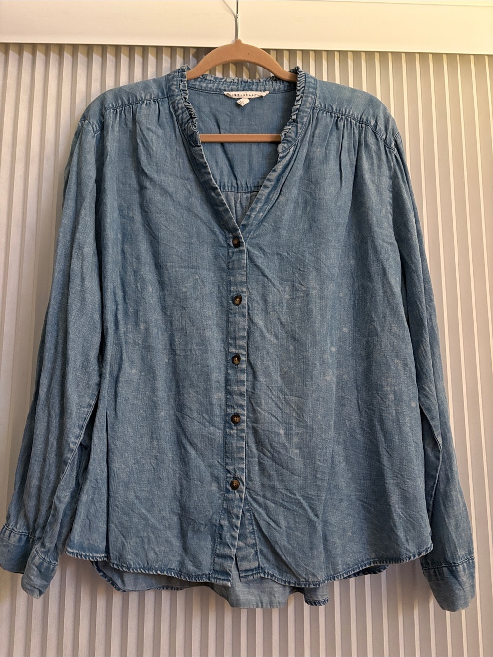 Light Blue Button-Up Lightweight Distressed Denim Blouse